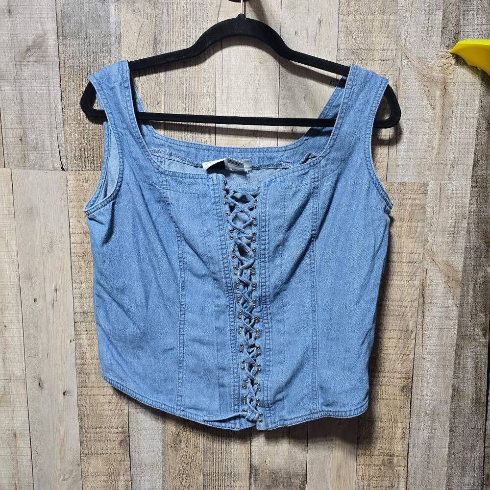 Styleworks Vintage 90s Blue Denim Jean Shoelace Crop Top 12 Hippie Festival Retr
